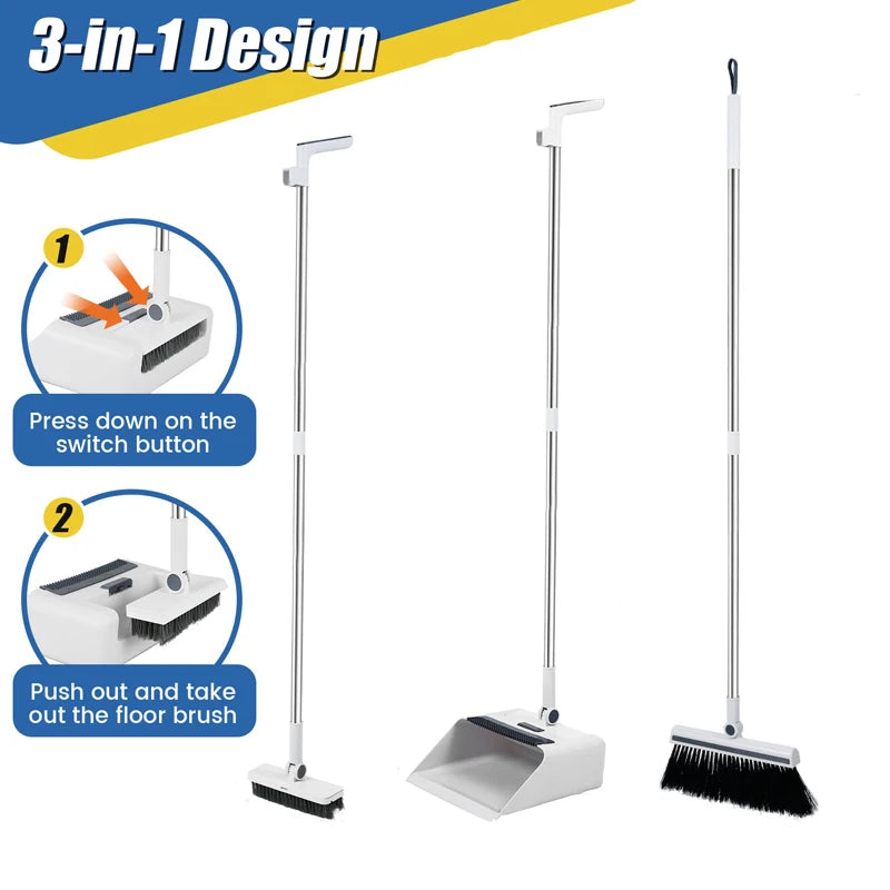 Three In One Broom And Dustpan Set For Floor Cleaning, Long Handled Broom And Dustpan For Home Offices And School Dormitories