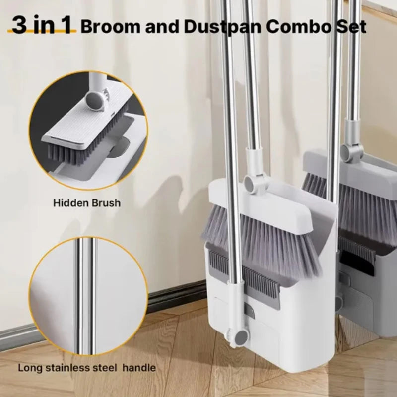 Three In One Broom And Dustpan Set For Floor Cleaning, Long Handled Broom And Dustpan For Home Offices And School Dormitories
