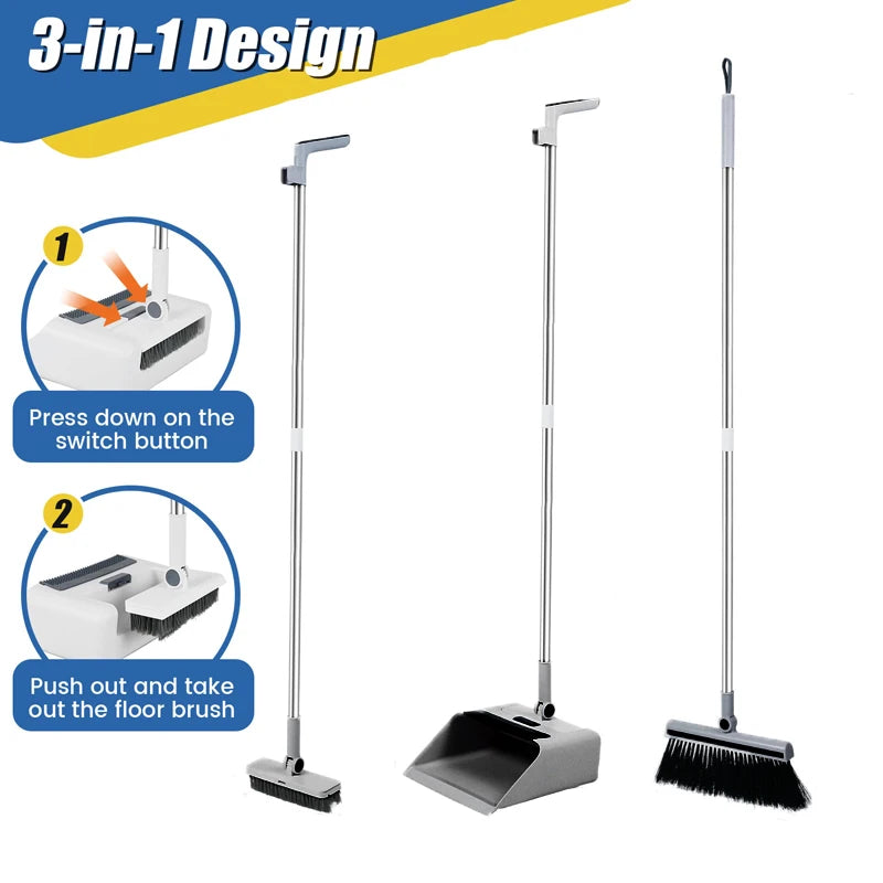 Three In One Broom And Dustpan Set For Floor Cleaning, Long Handled Broom And Dustpan For Home Offices And School Dormitories