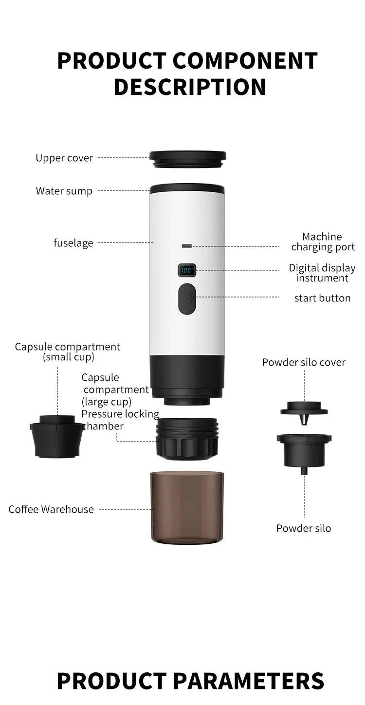 5-in-1 Portable Espresso Coffee Maker | Wireless for Car, Home, Camp & Travel
